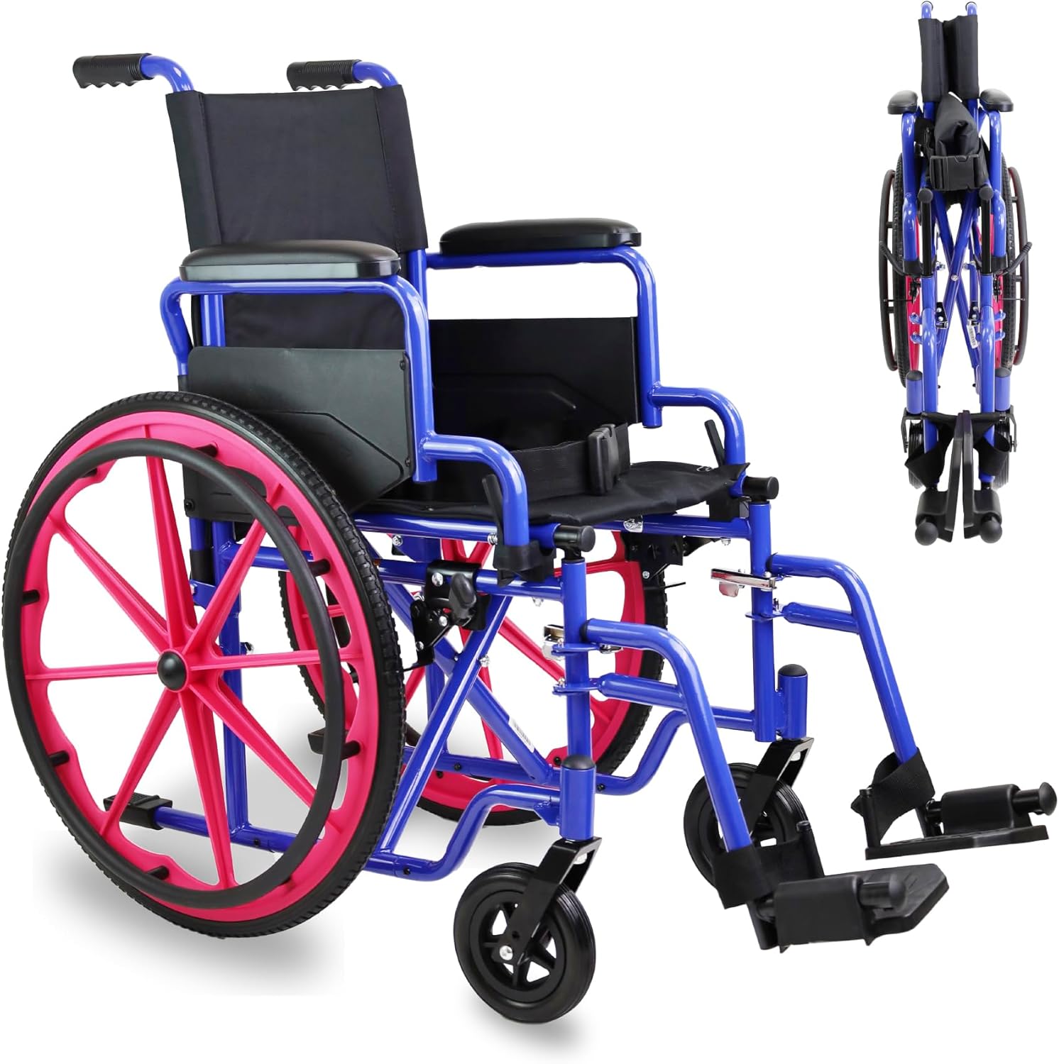Silla de Ruedas Infantil Autopropulsable Plegable y Ligera azul y rosa