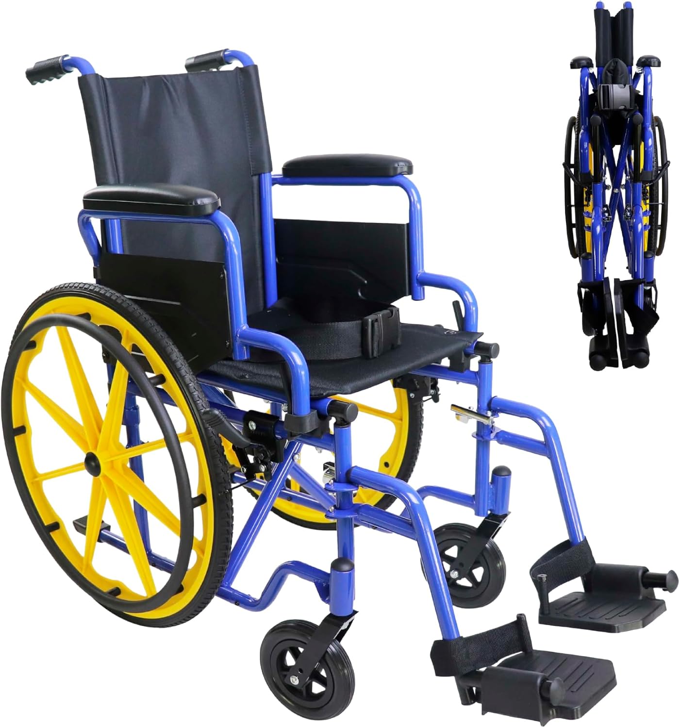 Silla de Ruedas Infantil Autopropulsable Plegable y Ligera azul y amarillo