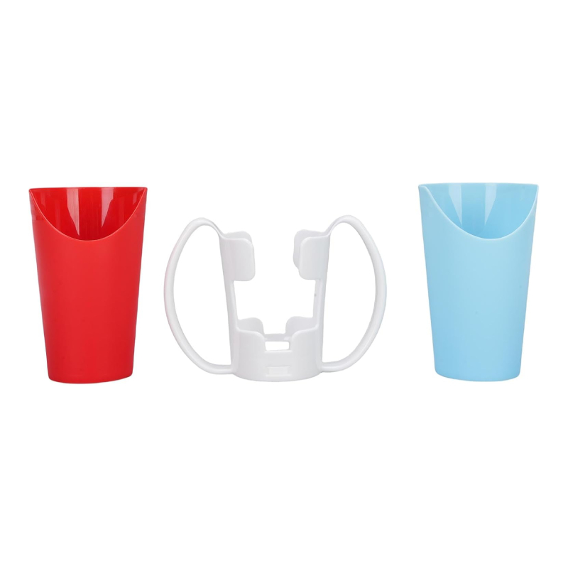 Portavasos con asas y dos vasos recortados para disfagia