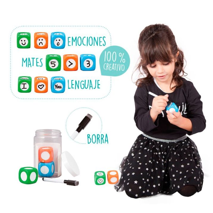 Dados reescribibles Akros: 3 maxi dados personalizables para lenguaje, matemáticas, emociones y juegos