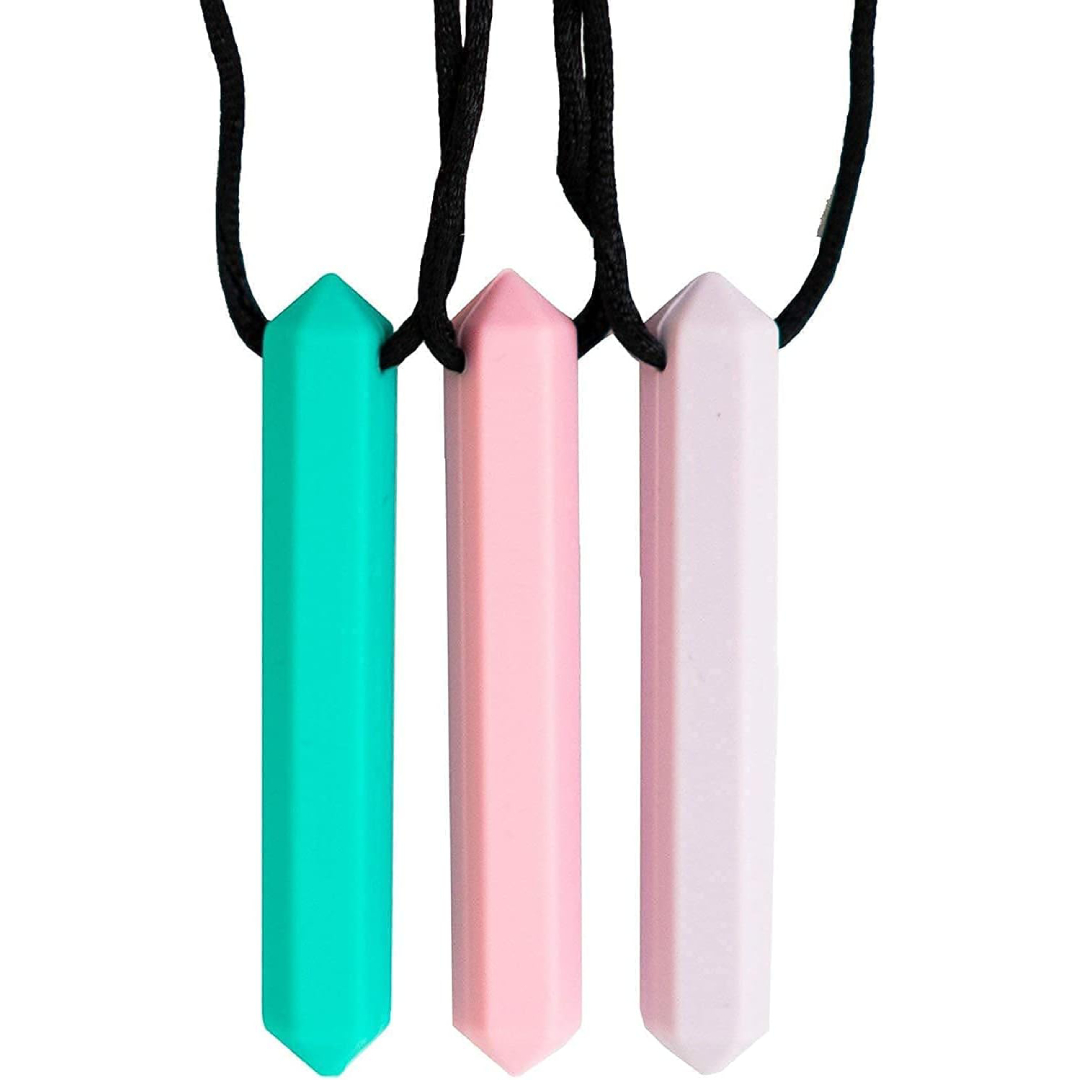 Collar mordedor sensorial Tilcare Chew Chew: pack de 3 colgantes de silicona de color pastel
