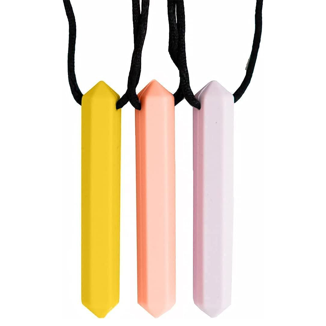 Collar mordedor sensorial Tilcare Chew Chew: pack de 3 colgantes de silicona tonos pastel
