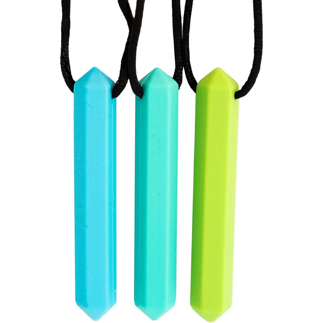 Collar mordedor sensorial Tilcare Chew Chew: pack de 3 colgantes tipo lápiz azul, turquesa y verde